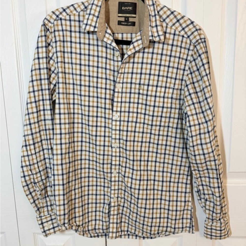 Men's Plaid Button Down Long Sleeve Sz SmallShirt - Blue and Tan CM